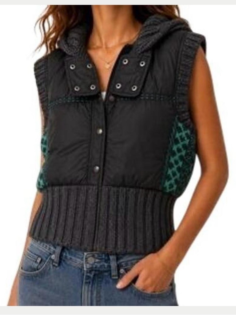 Free People Black Hooded Vest Nordic Knit Trim Size XS